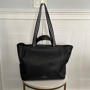 kate spade Black Leather Tote with Striped Shoulder Straps